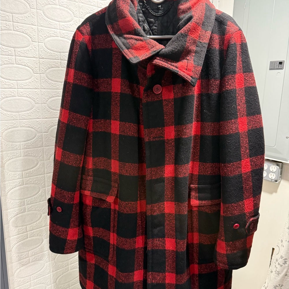 Burberry Red and Black Plaid Pea Coat